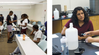 High school students work in a Georgetown University lab as part of the Summer College Immersion Program. Here they grapple with the details of taking and analyzing data while studying the mechanics of soft materi­als and flowing liquids.