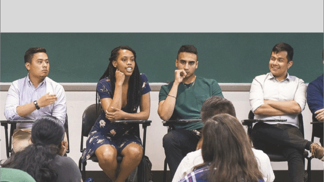 Juan Moreno (F'19), Eriss Donaldson (C'19), Hash Singh (C'20), and Diego Tum-Monge (C'19), share insight about the GU student experience during the Transitioning to College summer program.