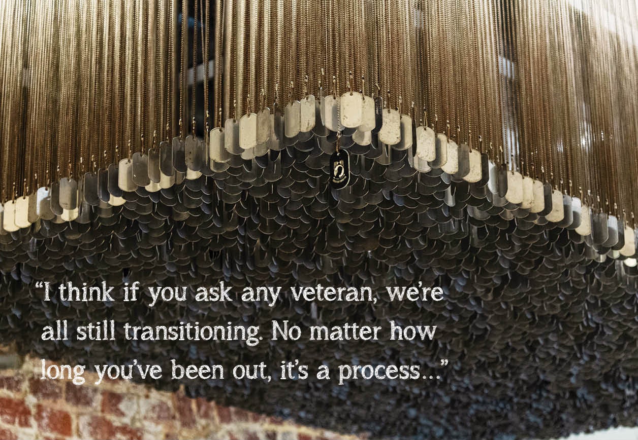 image of dog tag hanging in the bakery with quote that says, "I think if you ask any veteran, were all still transitioning. No matter how long youve been out, its a process"