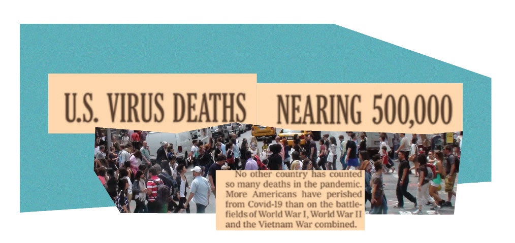 caption that reads "US virus death nearing 500,000 overlayed on people protesting