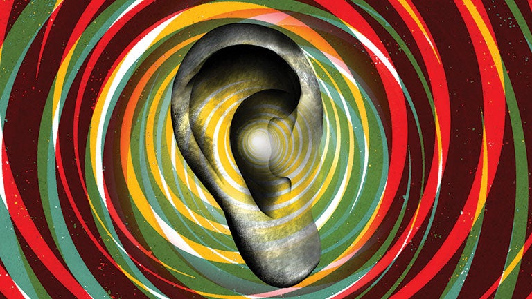 graphic of ear surrounded by colorful circles