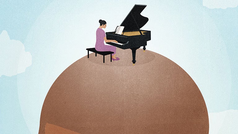 graphic of woman playing piano on head