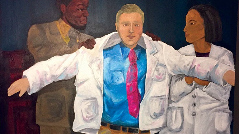 painting of people putting a white coat on a mans