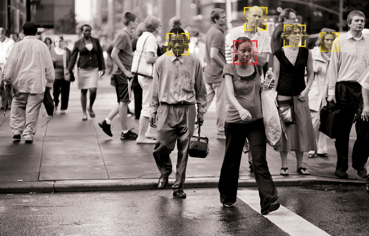 image of people walking with facial recognition targets on their faces