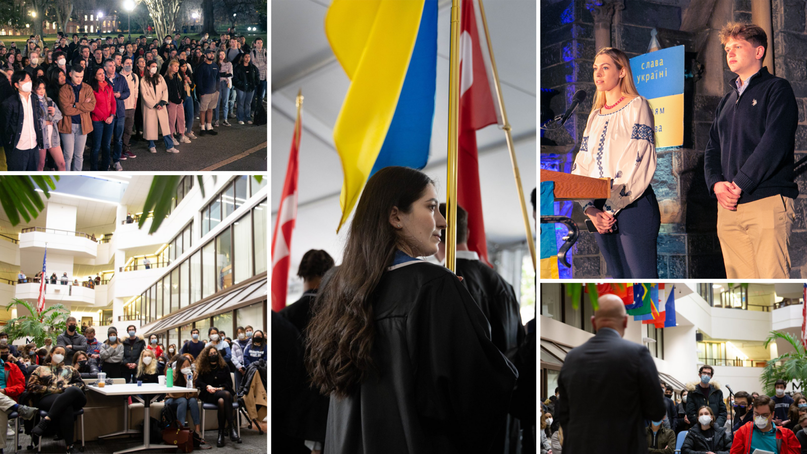 images from a town hall about Ukraine on Feb. 24; a student-organized rally to support Ukraine on March 2; and Ukrainian student Salome Mikadze carrying the Ukranian flag at the McDonough School of Business New Student Convocation in 2018