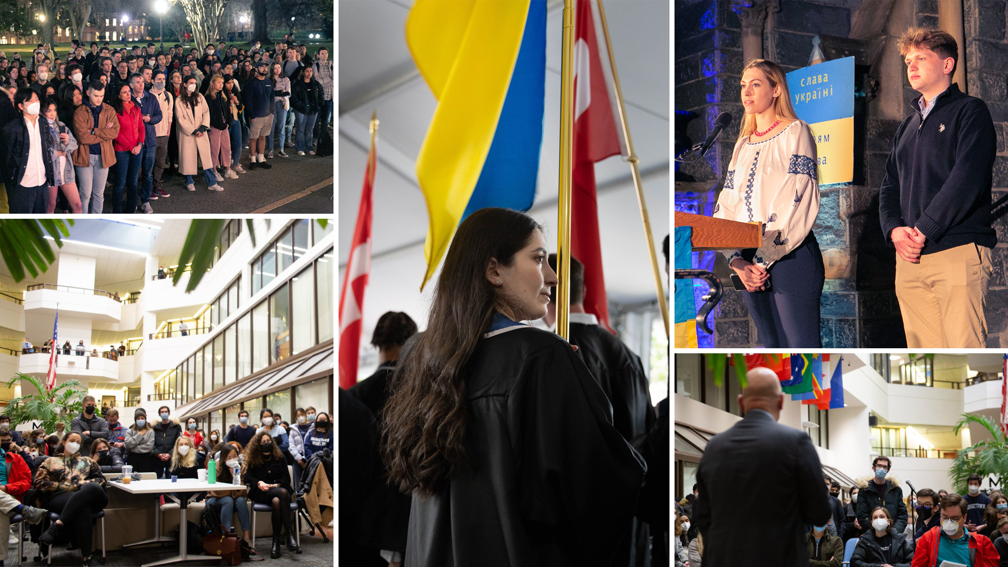 images from a town hall about Ukraine on Feb. 24, 2022; a student-organized rally to support Ukraine on March 2, 2022; and Ukrainian student Salome Mikadze carrying the Ukranian flag at Senior Convocation on May 19, 2022