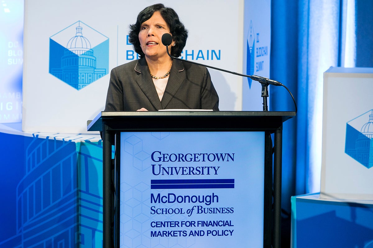 Reena Aggarwal, Georgetown McDonough professor of business administration and finance and the director of the Center for Markets and Financial Policy, speaks at the 2018 DC Blockchain Summit.