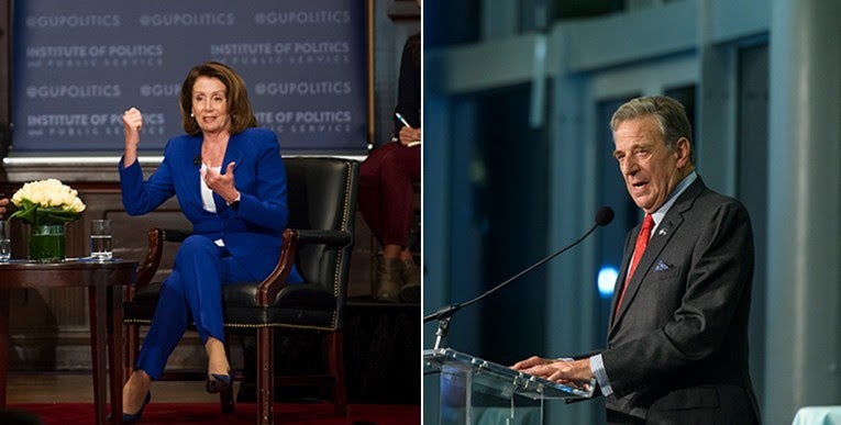 Nancy Pelosi seated in chair on stage during event in Gaston Hall and Paul Pelosi standing at podium